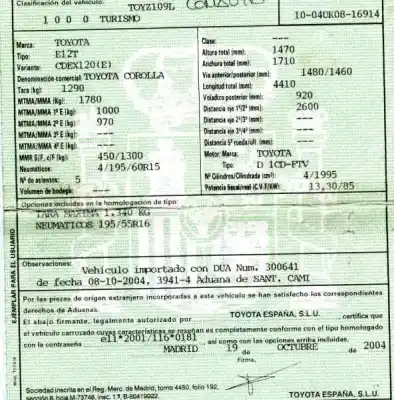 Veículo de Sucata toyota corolla (_e12_) 2.0 d-4d (cde120r_ cde120l_) do ano 2004 alimentado 1cdftv