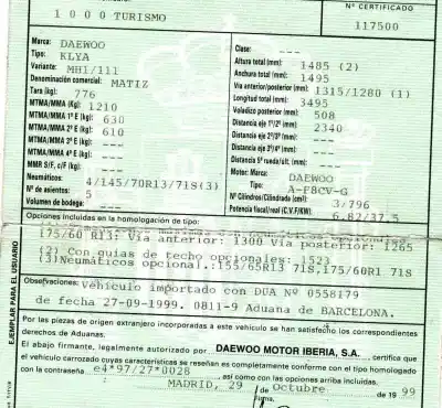 Veicolo di demolizione daewoo matiz 0.8 cat dell'anno 1999 alimentato f8cv-g