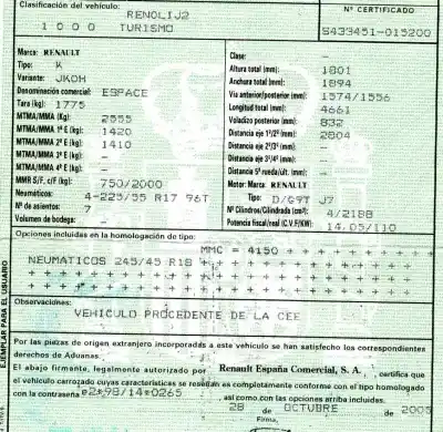 Véhicule à la ferraille renault                                            espace iv (jk0) (2002->)                                                                                                                                                                                                                                   2.2 dci (jk07)                                                                                                                                                                                                                                             de l'année 2002 alimenté d/g9t j7