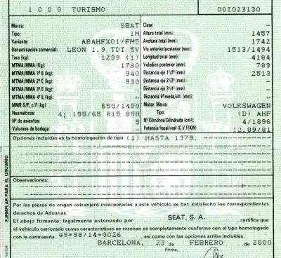 Veicolo di demolizione seat leon (1m1) 1.9 tdi dell'anno 2000 alimentato ahf