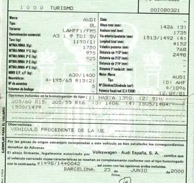 Утилизация автомобиля audi a3 (8l) 1.9 tdi года 2000 питание ahf