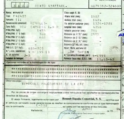 Sloopvoertuig renault rapid/express (f40) 1.6 d familiar (f404) van het jaar 1994 aangedreven f8m