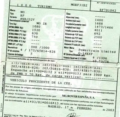 Утилизация автомобиля mg mg zr (f/rf) 1.4 16v cat года 2003 питание 14k4f