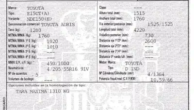 Veículo de Sucata toyota auris luna+ do ano 2008 alimentado 1ndtv