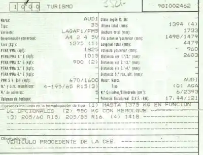 Scrapping Vehicle audi a4 berlina (b5) 2.4 of the year 1998 powered aga