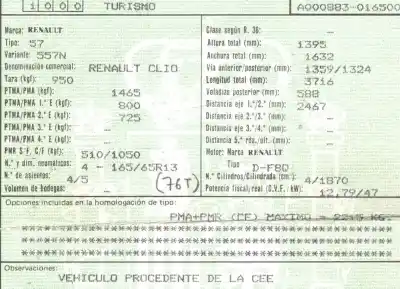 Véhicule à la ferraille renault clio i fase i+ii (b/c57) 1.9 diesel de l'année 1997 alimenté f8q