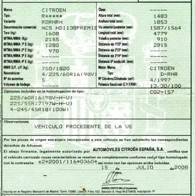 Veículo de Sucata citroen c5 berlina 2.0 hdi fap do ano 2008 alimentado rhr