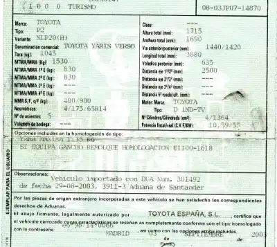 Здавання транспортного засобу toyota yaris verso (ncp2/nlp2) 1.4 d-4d linea luna року 2003 потужний 1ndtv