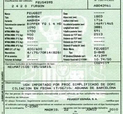 Scrapping Vehicle peugeot bipper 1.4 hdi of the year 2010 powered d-8hs