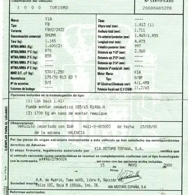 Veicolo di demolizione kia shuma 1.5 cat dell'anno 2000 alimentato bf