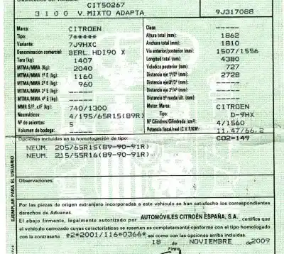 Veículo de Sucata citroen berlingo xtr 1.6 hdi 92 do ano 2009 alimentado 9hx