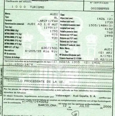 Здавання транспортного засобу audi a3 (8l) 1.8 20v turbo року 2000 потужний arz