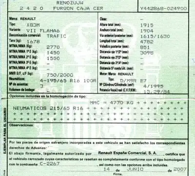 Veículo de Sucata renault trafic ii autobús (jl) 2.0 dci 115 do ano 2007 alimentado d/m9r e7