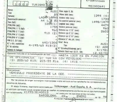Scrapping Vehicle audi                                               a4 berlina (b5)                                                                                                                                                                                                                                            1.8                                                                                                                                                                                                                                                        of the year 1998 powered adr