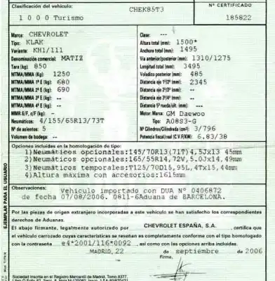 Veicolo di demolizione chevrolet matiz 0.8 cat dell'anno 2006 alimentato a08s3-g