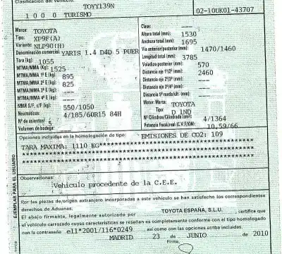 Утилизация автомобиля toyota yaris (_p9_) 1.4 d-4d (nlp90_) года 2010 питание 1nd