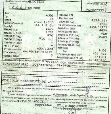 Scrapping Vehicle audi a4 berlina (b5) 1.8 t of the year 1996 powered aeb