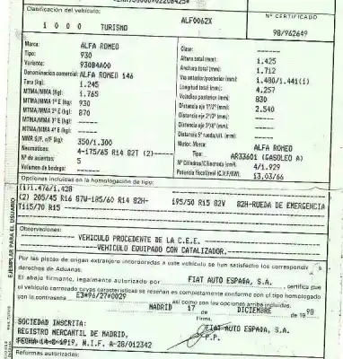 Veículo de Sucata alfa romeo 146 2.0 turbodiesel do ano 1998 alimentado ar33601