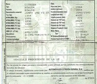 Veículo de Sucata citroen jumpy i (u6u_) 1.9 d 70 do ano 2004 alimentado wjy