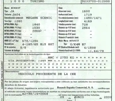 Veículo de Sucata renault scenic (ja..) 1.6 16v authentique (ja0b/11) do ano 2000 alimentado k4m b7