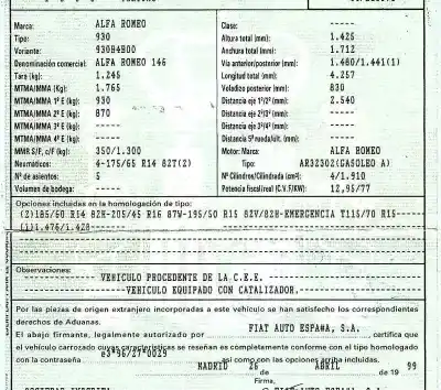 Veicolo di demolizione alfa romeo 146 1.9 jtd cat dell'anno 1999 alimentato ar32302