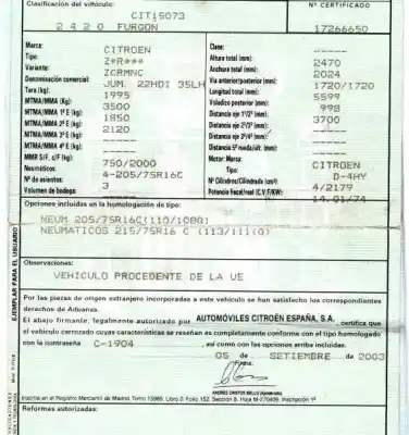 Sloopvoertuig citroen jumper caja cerrada desde ´02 29 m 2.2 hdi / - hdi 100 van het jaar 2003 aangedreven 4hy