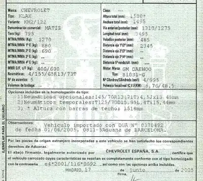 Veicolo di demolizione chevrolet matiz 1.0 cat dell'anno 2005 alimentato b10s1