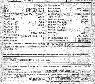 Утилизация автомобиля audi a4 berlina (b5) 2.6 v6 cat (abc) года 1995 питание abc