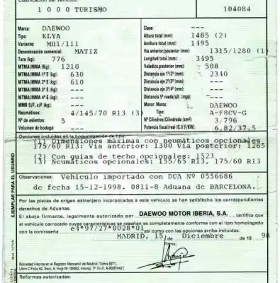 Veículo de Sucata daewoo matiz 0.8 cat do ano 1998 alimentado a-f8cv-g