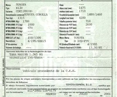 Scrapping Vehicle toyota corolla (_e12_) 2.0 d-4d (cde120r_ cde120l_) of the year 2004 powered 1cdftv