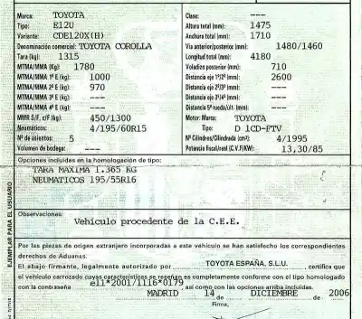 Scrapping Vehicle toyota corolla (_e12_) 2.0 d-4d (cde120r_ cde120l_) of the year 2006 powered 1cdftv