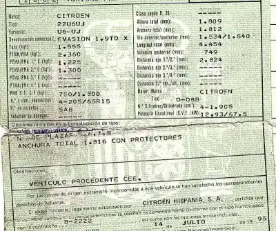 Veículo de Sucata citroen evasion 1.9 turbodiesel (dhx. d8b / xud9te) do ano 1995 alimentado d8b