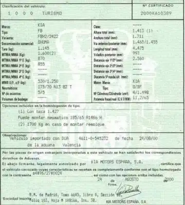 Veicolo di demolizione kia shuma 1.5 cat dell'anno 2000 alimentato g/bf