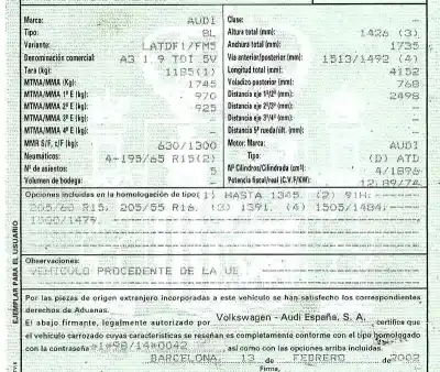 Утилизация автомобиля audi a3 (8l) 1.9 tdi ambiente года 2002 питание atd