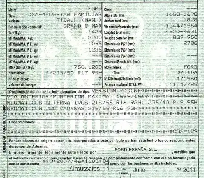 Sloopvoertuig ford grand c-max (dxa/cb7, dxa/ceu) 1.6 tdci van het jaar 2011 aangedreven t1da