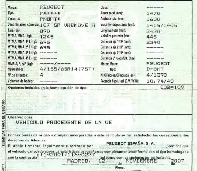 Veicolo di demolizione peugeot 107 urban dell'anno 2007 alimentato 8ht