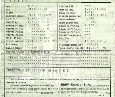Scrapping Vehicle bmw serie 3 compacto (e36) 1.6 cat of the year 1994 powered 164e2g