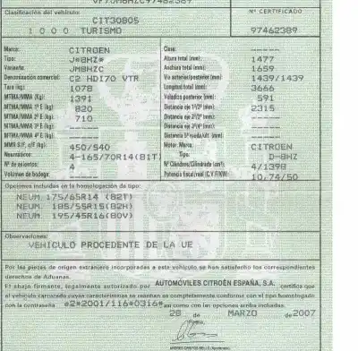 Scrapping Vehicle citroen c2 vtr of the year 2007 powered 8hz