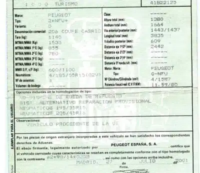 Veículo de Sucata peugeot 206 cc cc do ano 2001 alimentado nfu