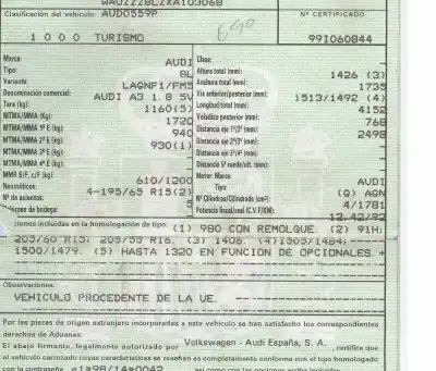 Veículo de Sucata audi a3 (8l) 1.8 ambiente do ano 1999 alimentado agn