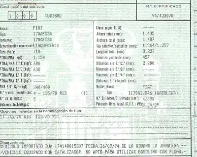 Scrapping Vehicle fiat cinquecento (170) 0.9 i.e. of the year 1994 powered 1170a1046