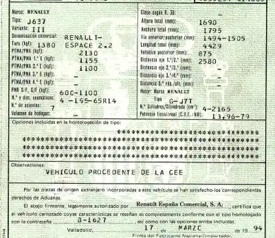 Scrapping Vehicle renault espace (j63) 2.2 cat of the year 1994 powered j7t