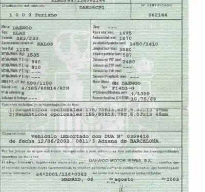 Véhicule à la ferraille daewoo kalos 1.4 se de l'année 2003 alimenté f14d3