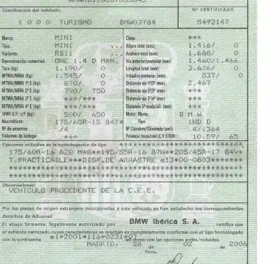 Утилизация автомобиля mini mini (r50,r53) 1.4 16v turbodiesel cat года 2006 питание 1nd d