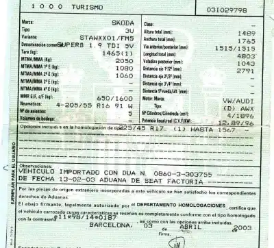 Scrapping Vehicle skoda superb i (3u4) 1.9 tdi of the year 2003 powered awx