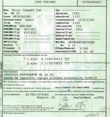 Scrapping Vehicle smart coupe 0.6 turbo cat of the year 2002 powered g 13