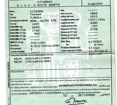 Veículo de Sucata citroen berlingo xtr 1.6 hdi 92 do ano 2009 alimentado 9hx