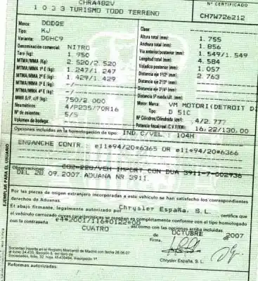 Scrapping Vehicle dodge nitro 2.8 crd 4wd of the year 2007 powered d 51c