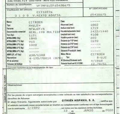 Veicolo di demolizione citroen berlingo 1.9 d multispace dell'anno 2000 alimentato wjz