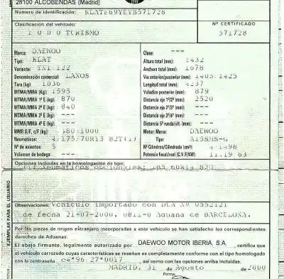 Veicolo di demolizione daewoo lanos 1.5 cat dell'anno 2000 alimentato a15sms-g